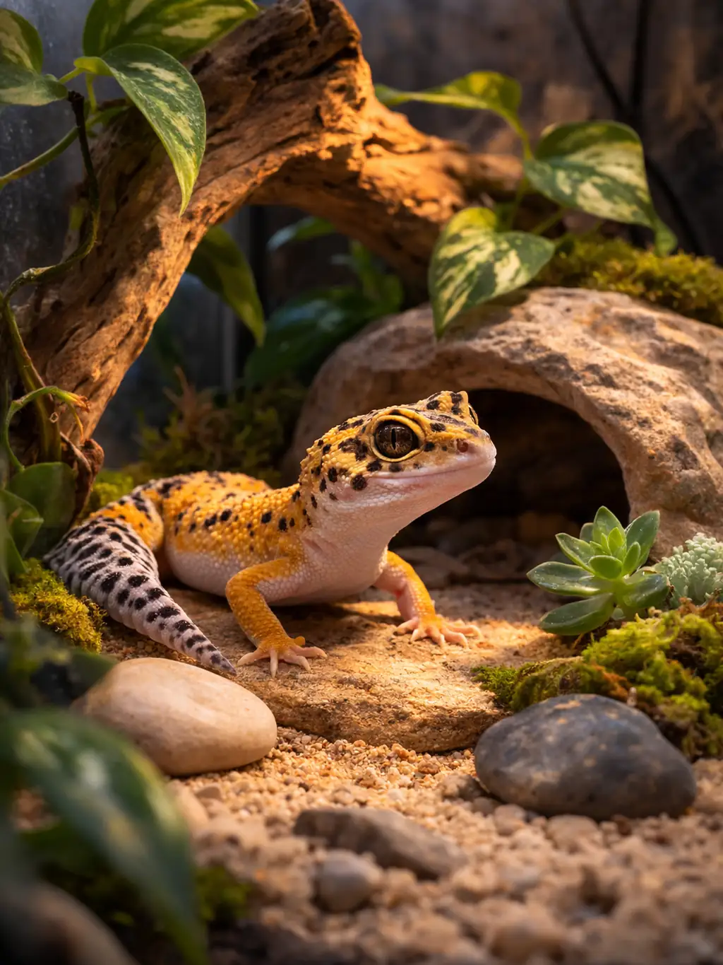Gecko léopard dans un terrarium naturel avec roches, bois et plantes, éclairage chaud, ambiance NAC réaliste