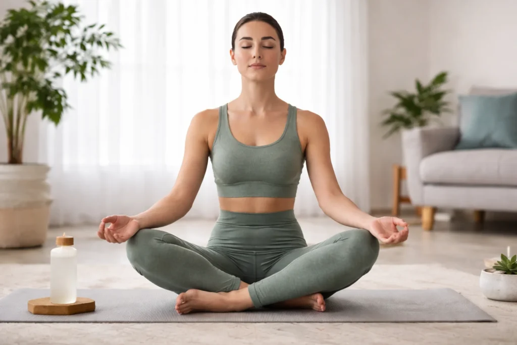 Femme en méditation dans un salon lumineux, univers nature et bien-être à domicile
