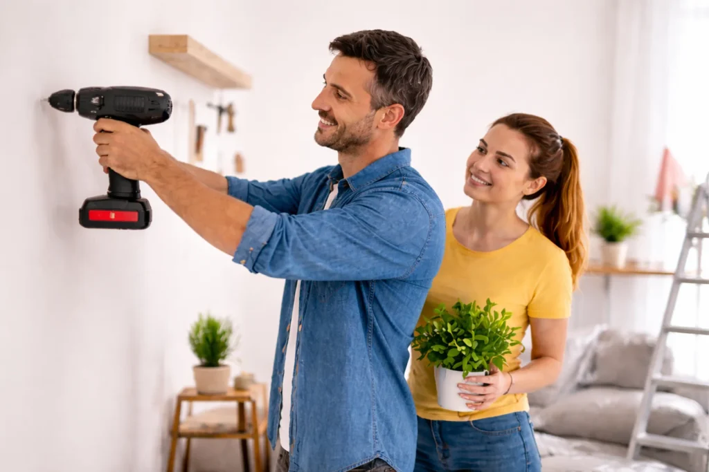 Couple installant une étagère avec perceuse dans un salon lumineux, univers maison et bricolage pratique