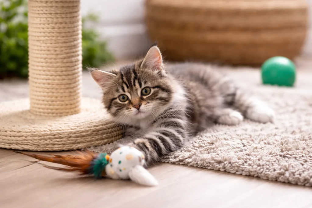 Chaton tigré jouant sur un tapis dans un salon lumineux avec arbre à chat, univers animaux domestiques