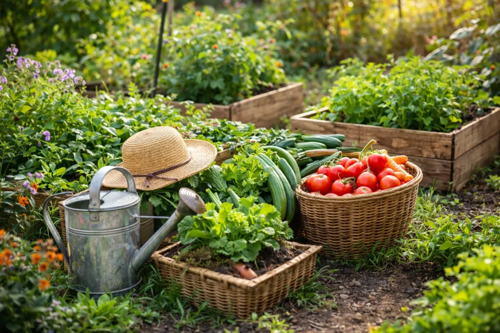 Potager en carré avec légumes récoltés, arrosoir et panier, univers maison et jardin naturel