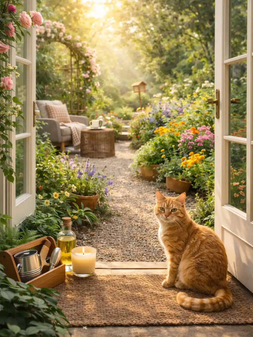 Chat roux à l’entrée d’une maison ouverte sur un jardin fleuri au soleil, ambiance maison et jardin chaleureuse