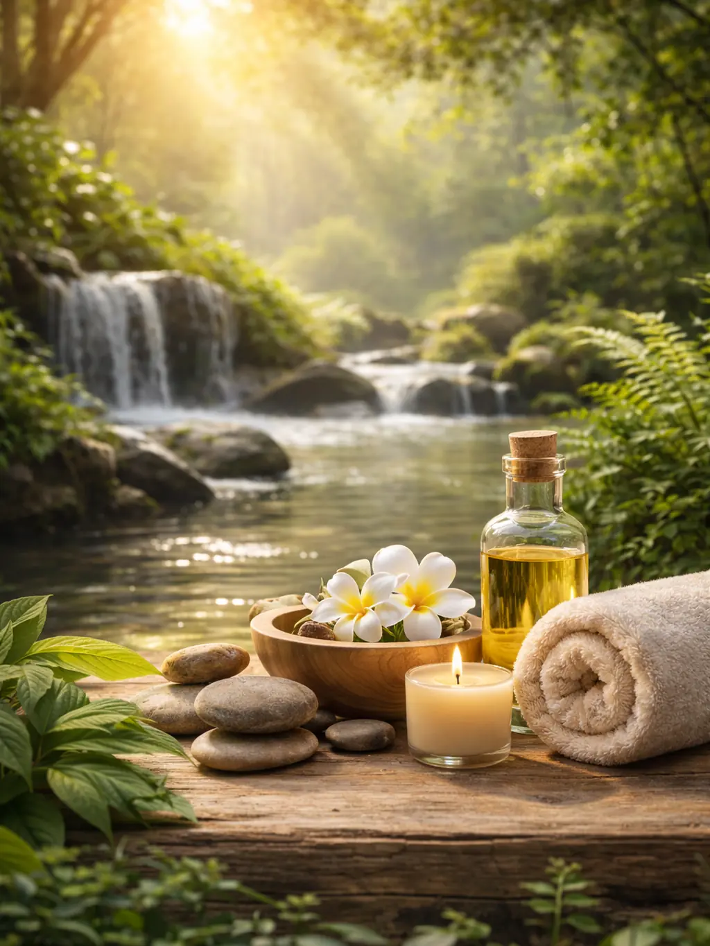 Ambiance nature et bien-être : bougie, huile et fleurs près d’un ruisseau et d’une cascade en forêt, lumière dorée